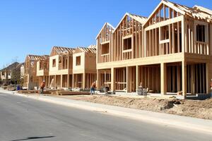 A construction site with wooden framing photo