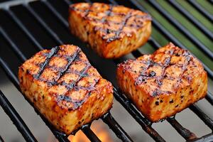 Grilled salmon on the grill photo