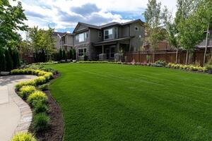 A beautiful backyard with a lawn and landscaping photo