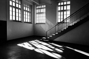 A black and white photo of a stairway and windows