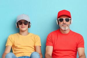 Two men wearing headphones and sunglasses sitting on a blue background photo