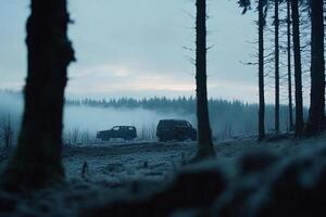 Two vehicles are parked in the woods with fog photo