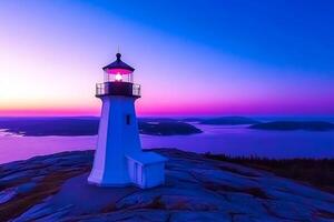A lighthouse is lit up at sunset photo