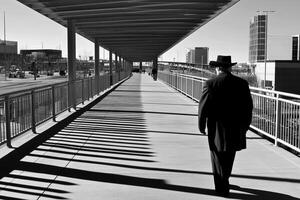 A man in a top hat and suit walks down a walkway photo