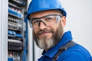 A man with a beard and glasses standing in front of a computer photo