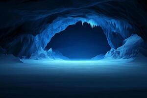 Ice cave with blue light and water photo