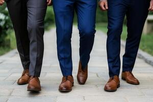 Three men in suits walking down a path photo
