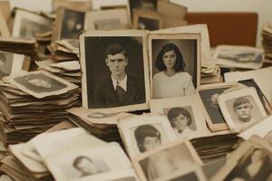 Old photographs of people sitting on top of a table photo