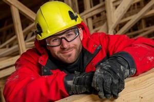 A man in a red jacket and yellow helmet is leaning on a wooden beam photo