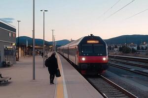 A person walking on a platform next to a train photo