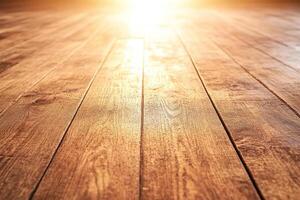Wood floor with sunlight shining through photo