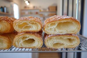 A rack of croissants sitting on a shelf photo