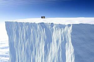 A group of people standing on top of a large ice cliff photo
