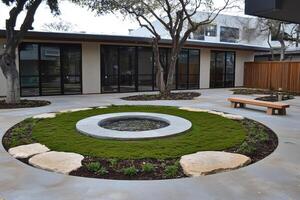 A circular garden with a stone bench and a water feature photo