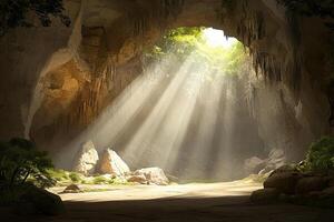 A cave with sunlight shining through it photo