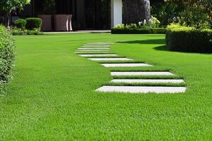 A lawn with stepping stones in the middle of it photo