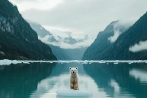 A polar bear standing on an ice floe in the middle of a lake photo