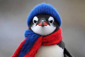 A penguin wearing a red, blue and white scarf photo