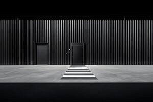 A black building with a white door and a white floor photo