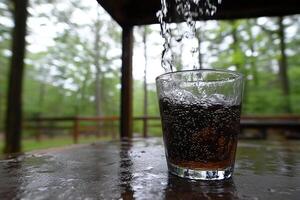 A glass of soda is being poured into a wooden table photo