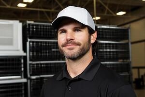 A man wearing a hat and black shirt in front of a warehouse photo