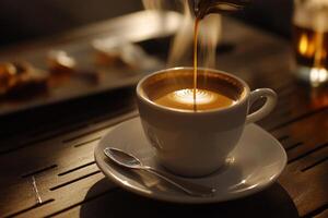 A cup of coffee being poured into a saucer photo