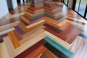 A wood floor with a colorful pattern photo