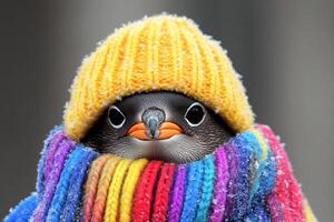 A penguin wearing a colorful scarf and hat photo