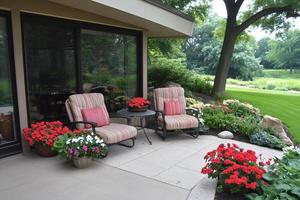 A patio with chairs and flowers in front of a house photo
