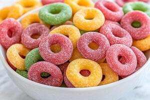 A bowl of colorful gummy rings photo