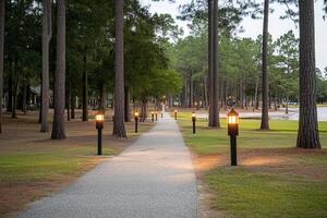 A pathway lined with trees and lights photo