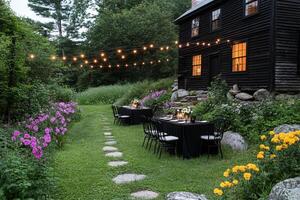 A garden setting with tables and chairs in front of a black house photo