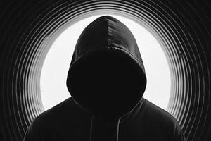 A person wearing a hoodie in front of a circular hole photo