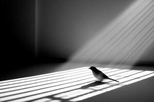 A bird is standing in front of a window photo