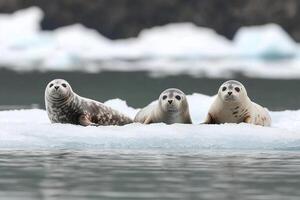 Three seals sitting on an ice floe photo