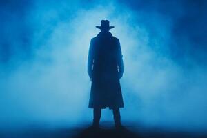 A man in a hat and coat standing in the smoke photo