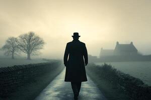 A man in a top hat and coat walking down a path photo