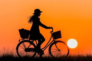 Silhouette of a woman riding a bicycle at sunset photo