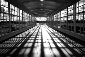 Black and white photograph of a long hallway with windows photo