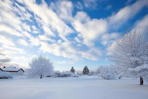 A snowy landscape with trees and houses photo