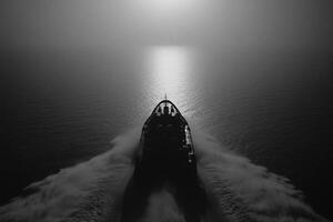 A boat in the ocean at night with the sun shining photo