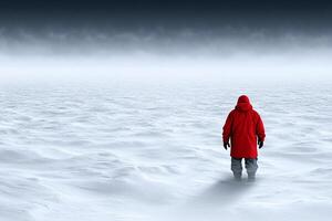 A person in a red coat standing in the middle of a snow covered field photo