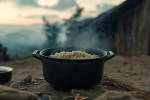 A pot of rice sitting on a table photo