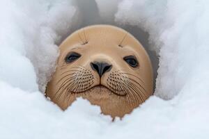 A seal is peeking out from the snow photo