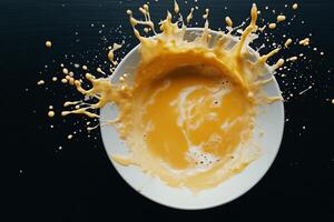 An orange liquid splashing into a bowl photo