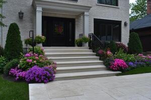 A beautiful front yard with flowers and steps photo