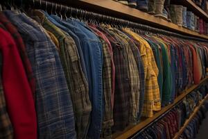 A row of shirts on a rack in a clothing store photo