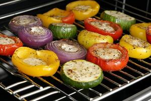A rack of peppers and onions cooking on a grill photo