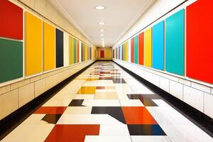 A long hallway with colorful paintings on the walls photo