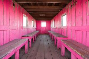A long hallway with pink painted walls and benches photo
